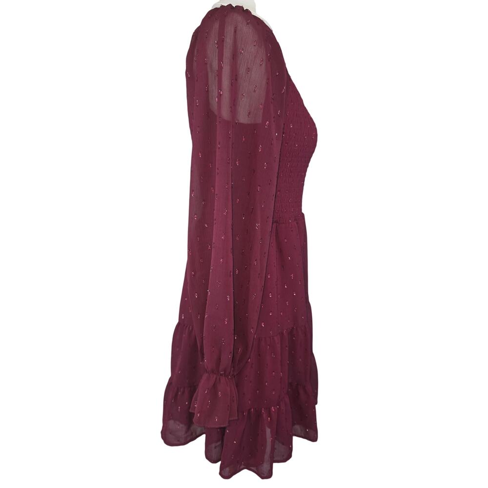 NWT Altar'd State Burgundy Ruffle Dress w/Sheer Balloon Sleeves Shimmer Boho - Picture 3 of 10